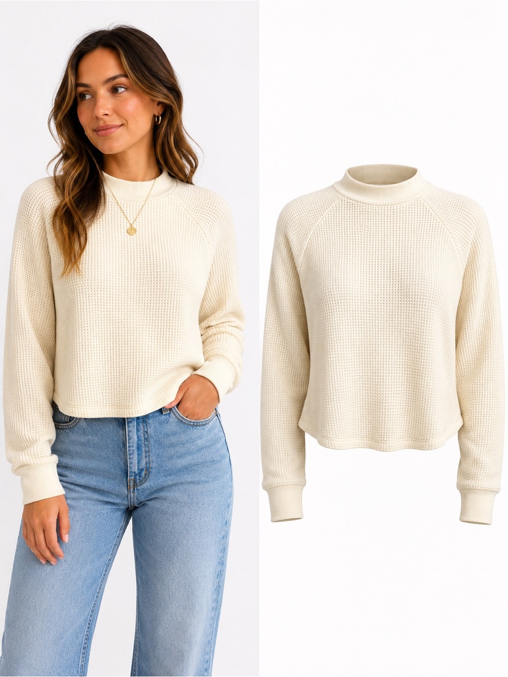 Madewell | Cream Waffle Knit Mock Neck Long Sleeve Top | Size Large
